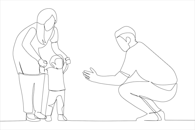 Illustration of happy family playing and baby learning to walk at home One line art style