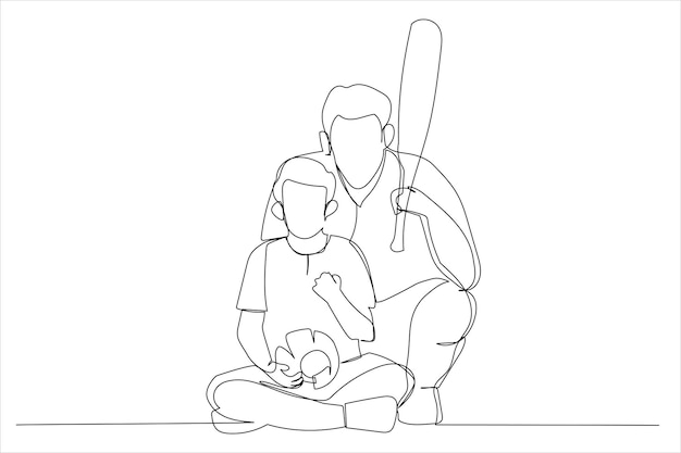 Illustration of happy father and his son playing baseball One continuous line art style