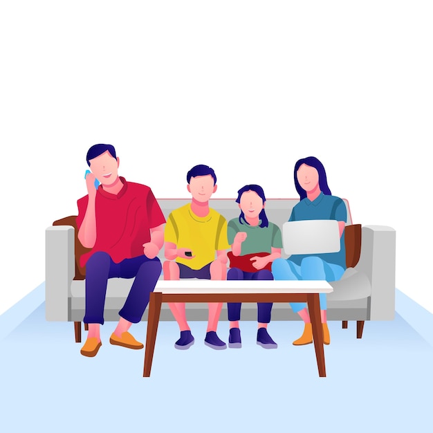 Illustration of a happy husband and wife family and children watching tv