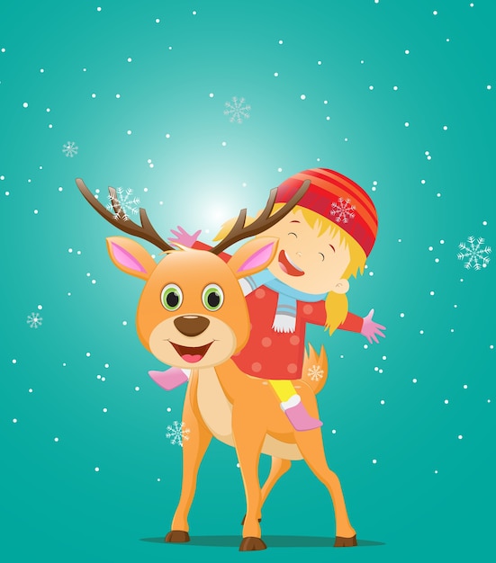 Illustration of Happy kids riding a reindeer