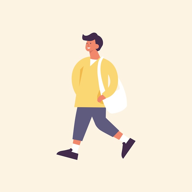 illustration of happy man wearing spring season clothes. Young boy walking.