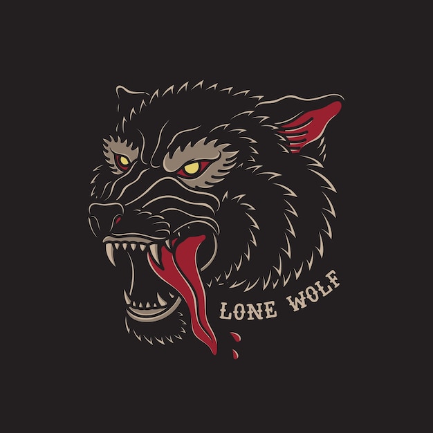 Illustration of head wolf with traditional old school tattoo