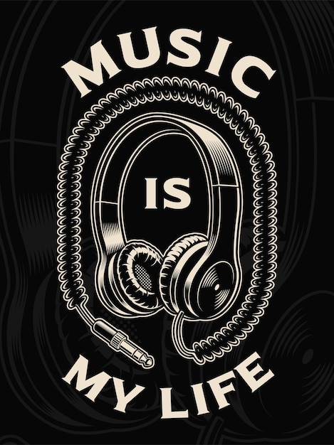  illustration of headphones with wire on the dark background. Text is on the separate group.