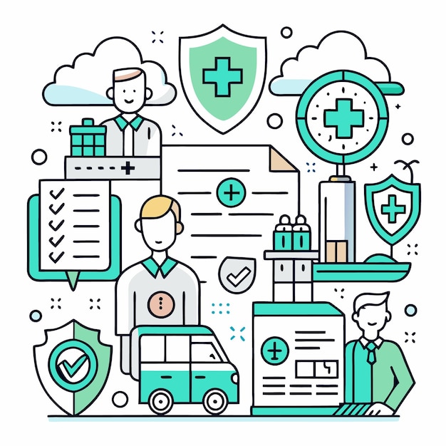 Illustration of healthcare insurance and medical services with icons of doctors patients and medical equipment