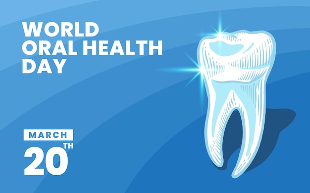 Illustration of healthy and shining teeth on a blue background World Oral Health Day March 20