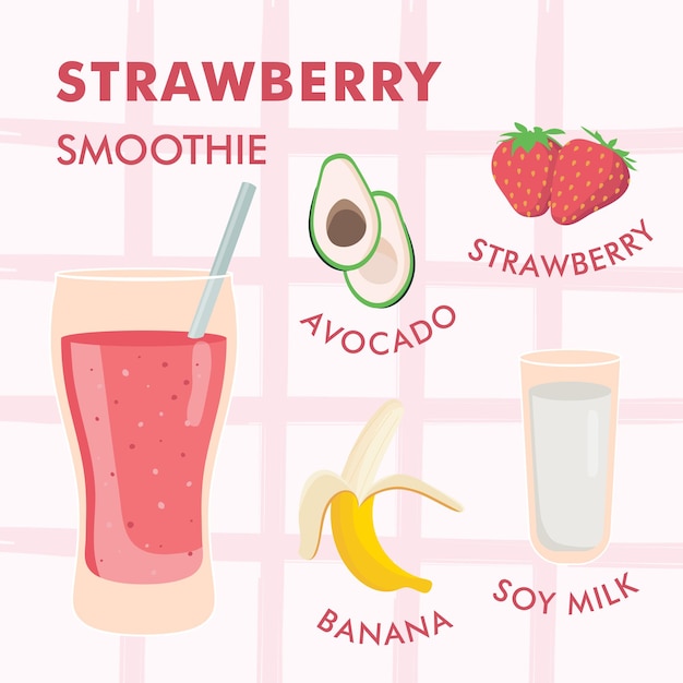 Vector illustration of healthy vegan strawberry smoothie recipe with ingredients on light background