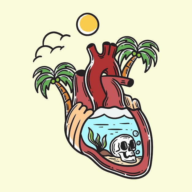 Illustration of a heart organ with a beach and skull on white background