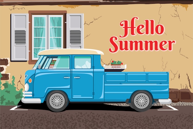 Illustration of hello summer with truck trucks and building background walls