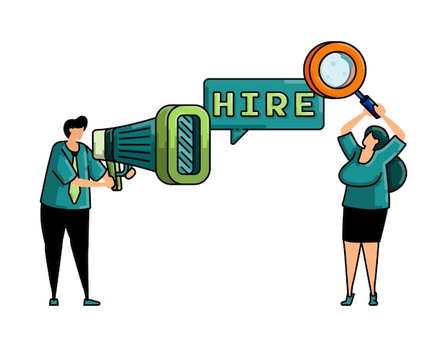 Vector illustration of hiring with the words hire and megaphone to announce job vacancies