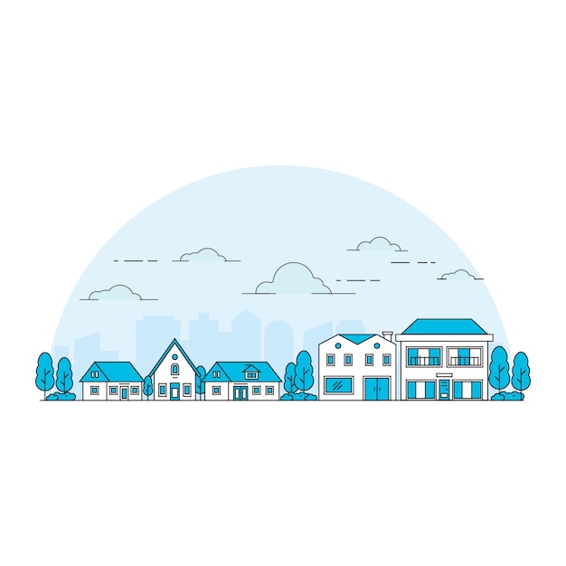 Illustration home in line style with silhouette city background