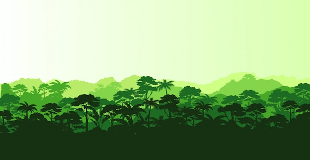  illustration of horizontal panorama tropical rainforest in silhouette e with trees and mountains, jungle concept.