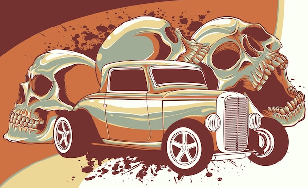 Illustration of hot rod car with skulls