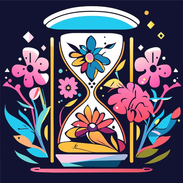 illustration of an hourglass filled with vibrant flowers against a stark white background