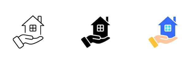 An illustration of a house on a hand representing the concept of homeownership real estate and property investment Vector set of icons in line black and colorful styles isolated