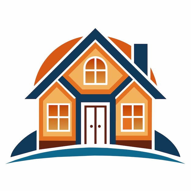 An illustration of a house with an orange body blue roof blue windows and a white background