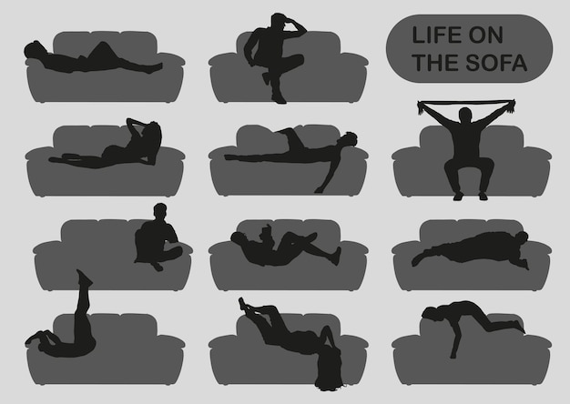 An illustration of how a sofa can be used in everyday life From relaxation to exercise