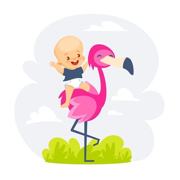 Vector illustration of a human baby sitting astride a flamingo in a cute cartoon style