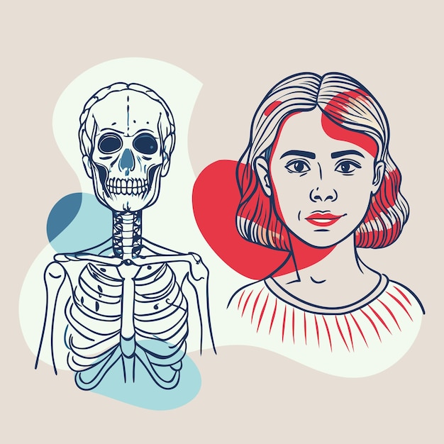 Vector illustration of a human skeleton alongside a female face