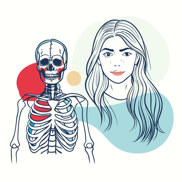 Vector illustration of a human skeleton alongside a female figure