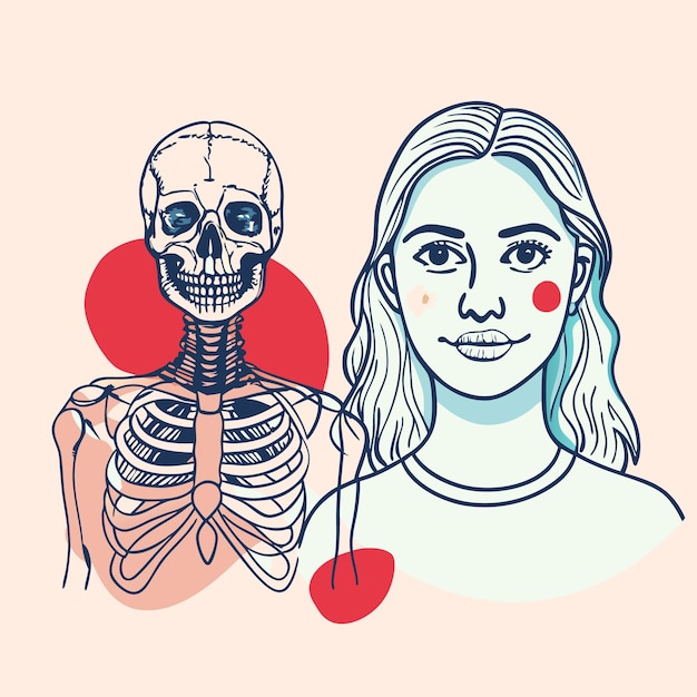 Vector illustration of a human skeleton alongside a woman39s face