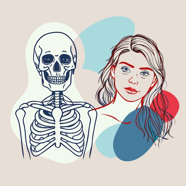 Vector illustration of a human skeleton alongside a woman39s portrait