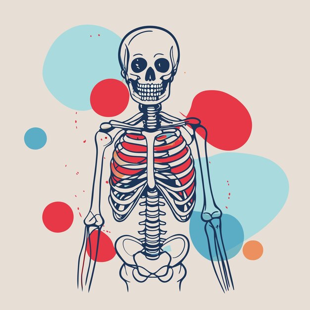 Vector illustration of a human skeleton with colorful background elements