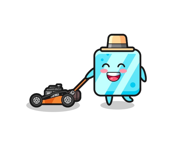 Illustration of the ice cube character using lawn mower