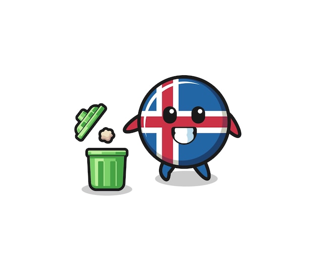 Illustration of the iceland flag throwing garbage in the trash can