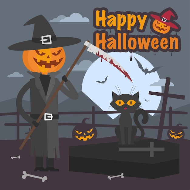 Illustration, illustration Halloween pumpkin with scythe and cat, format EPS 10