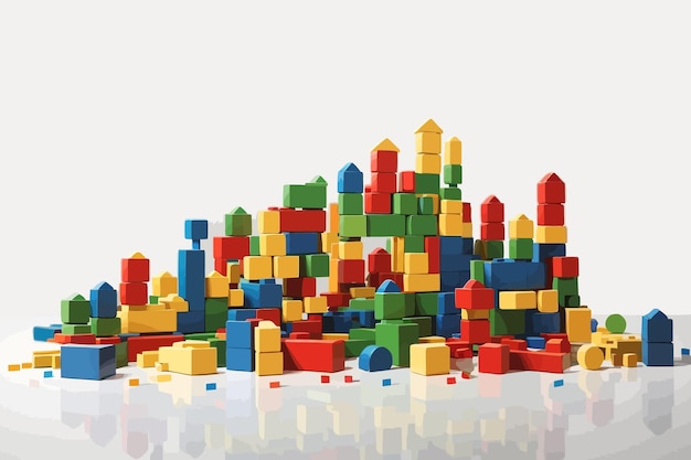 Vector illustration image of red yellow green and blue wooden building blocks of different sizes scattered on a white table with a clear space in the middle on white background