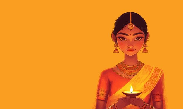 Vector illustration of an indian woman in saree with a candle in her hand