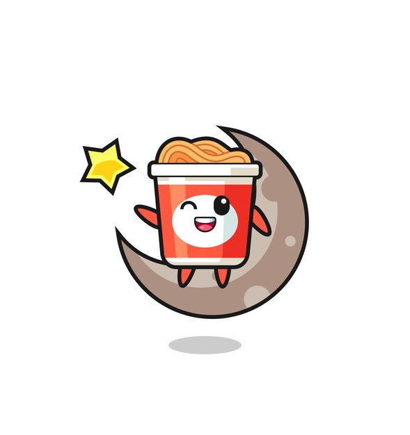 Illustration of instant noodle cartoon sitting on the half moon , cute style design for t shirt, sticker, logo element