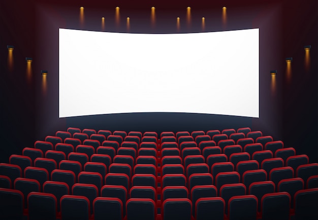 An illustration of the interior of a cinema movie theatre with copyspace on the screen