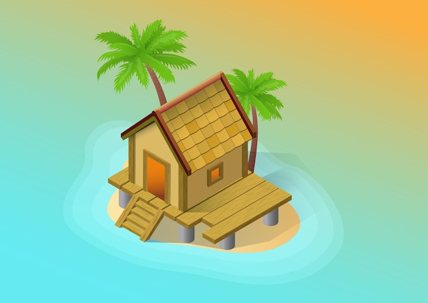 Illustration of an island with a wooden house