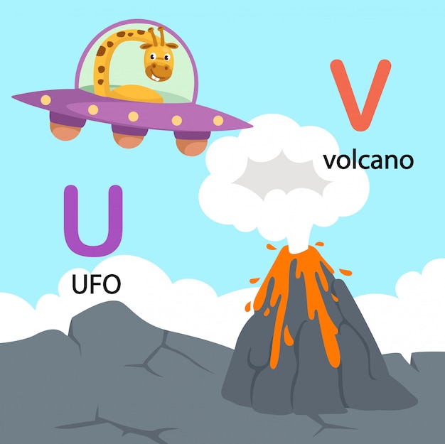 Illustration Isolated Alphabet Letter U-ufo,V-volcano