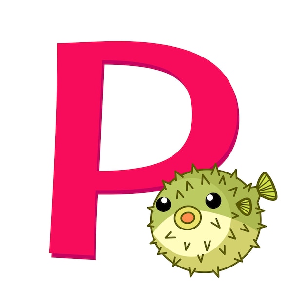 illustration of isolated animal alphabet P with puffer on white