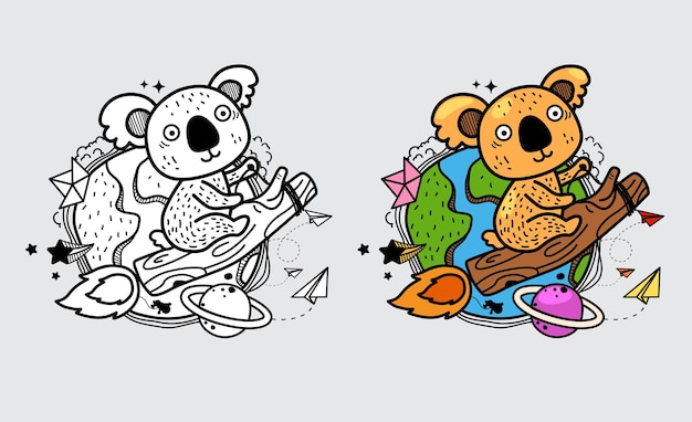 Illustration of isolated colorful and black and white koala for coloring book