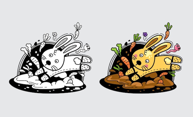 Illustration of isolated colorful and black and white rabbit for coloring book