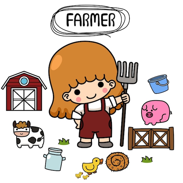 Illustration isolated set cartoon farmer kid girl