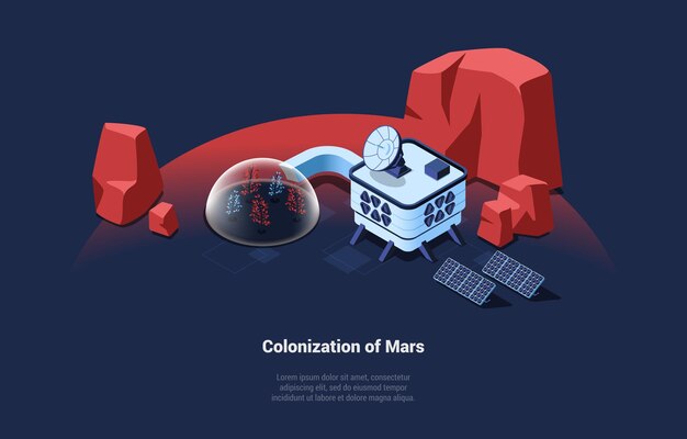 Vector illustration isometric composition on colonization of mars idea on dark blue