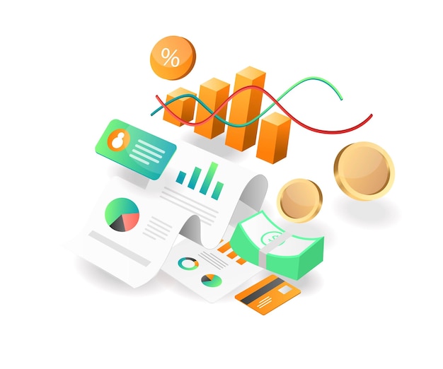 Illustration isometric concept. business investment company income analyst data