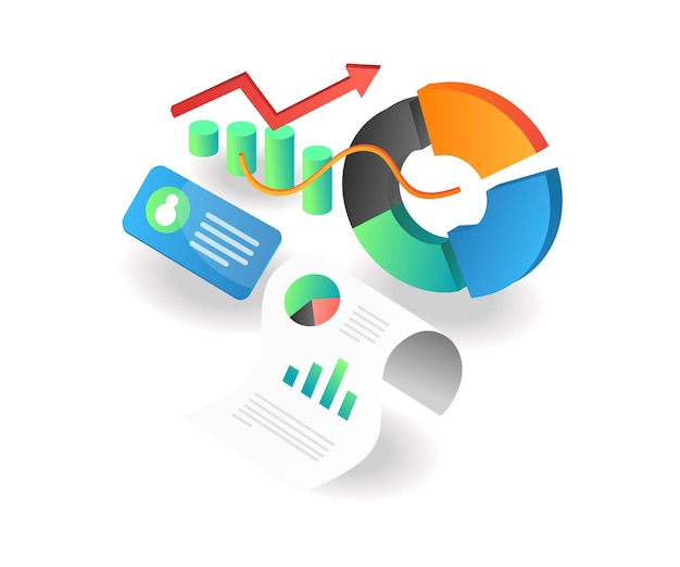 Illustration isometric concept pie chart bar data analysis investment business development