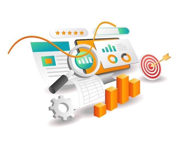 Illustration isometric concept searching data for investment business target analysis