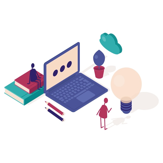 Illustration in isometric style. Still life with a laptop, a light bulb, books, pencils, etc