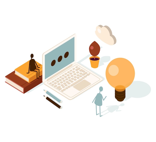 Illustration in isometric style Still life with a laptop a light bulb books pencils etc