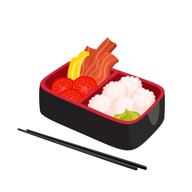 illustration of japanese bento box isolated on white. Traditional asian food with rice, bacon, pepper, wasabi, tomato