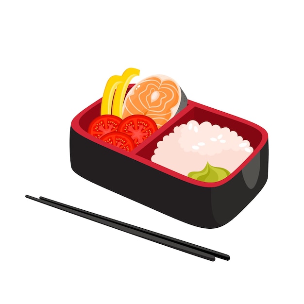 illustration of japanese bento box, traditional asian food with rice, salmon, wasabi, tomato