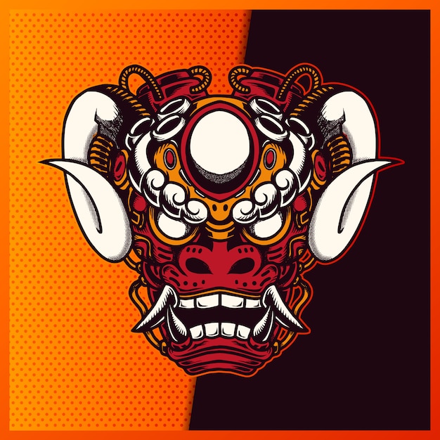 illustration of Japanese Lion Robotic Orange Red Head with a Samurai, and Horn on the Blue Background. Hand-drawn illustration for mascot esport logo