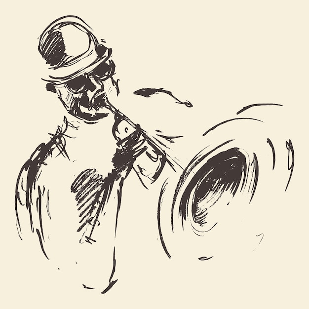 Illustration for jazz poster. Man playing the trumpet. Vintage hand drawn sketch.