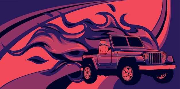 Vector illustration of jeep on colorful background